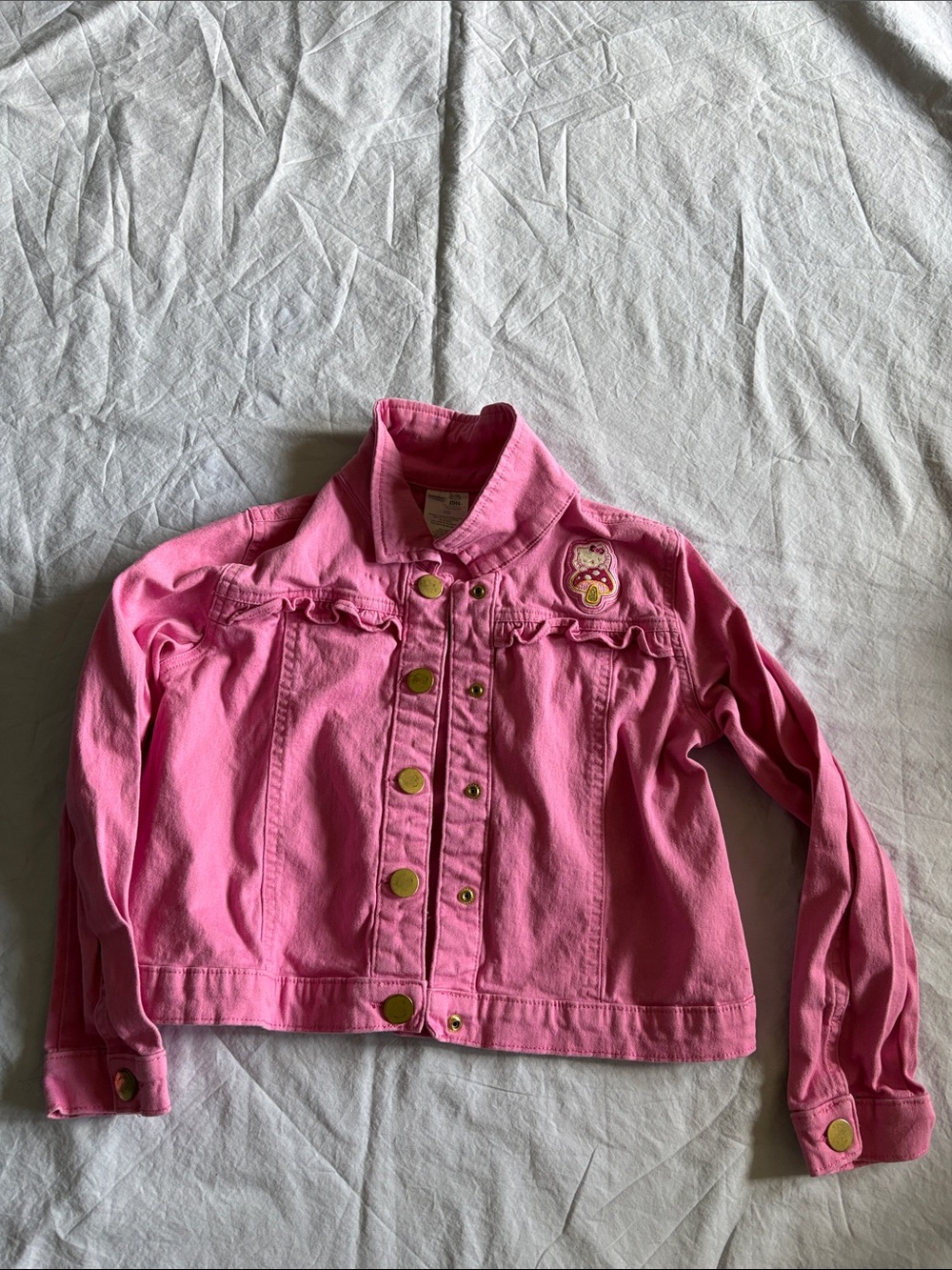 Girls' Pink Denim Jacket with Ruffle Trim and Patch